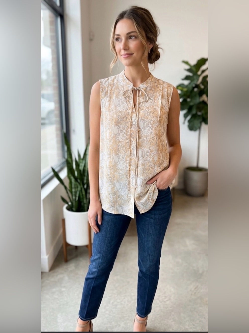 Daniel Rainn Sleeveless Tie-Neck Button Down Blouse - White, Yellow & Gray -Lg - Picture 1 of 9